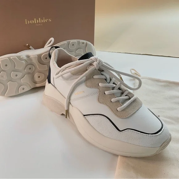 NEW • BOBBIES PARIS Beige and Black Leather Sneakers - Picture 8 of 16